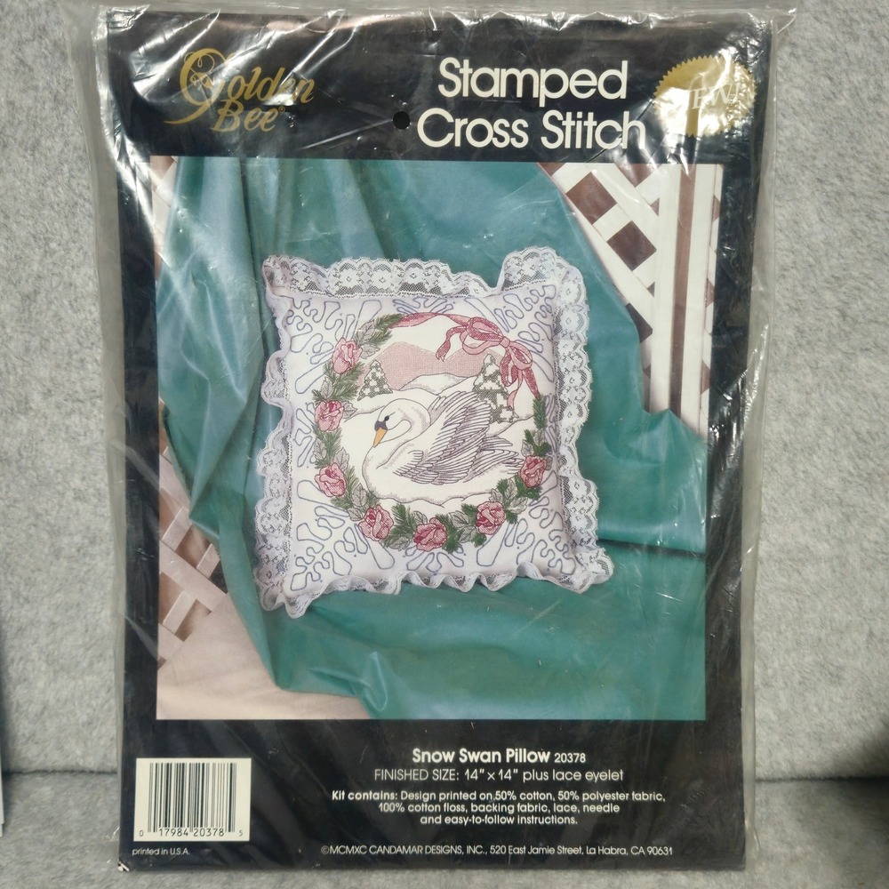 Golden Bee Snow Swan Pillow Stamped Cross Stitch Kit 20378 Vintage 1990 USA Made